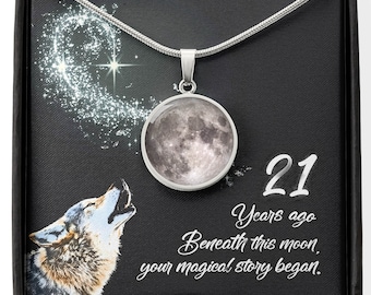 21st Birthday Moon Phase Necklace: Personalized Wolf Amulet