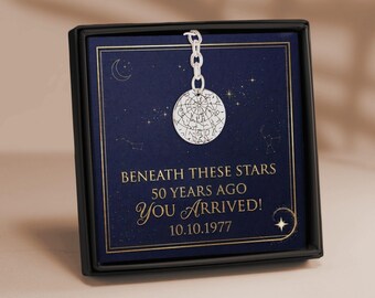 Custom Engraved Keychain Starmap 50th Birthday Gift for Him, Personalized Star Map Key Ring, Celestial Mens Keychain