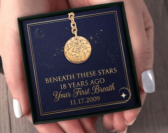 Custom Engraved Keychain Starmap 18th Birthday Gift for Him, Celestial Night Sky Map