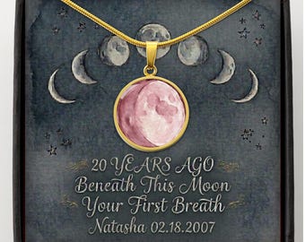 20th Birthday Gift for Her Custom Watercolor Moon Phase Necklace, Celestial Jewelry & Personalized Keepsake