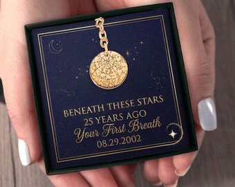 Custom Engraved Keychain Starmap 25th Birthday Gift for Him, Personalized Star Map Key Ring, Celestial Mens Accessory
