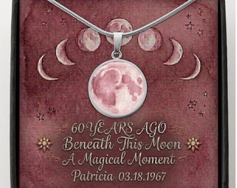 60th Birthday Gift for Her Custom Watercolor Moon Phase Necklace Celestial Jewelry