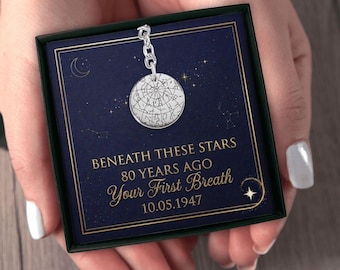 Custom Engraved Keychain Starmap 80th Birthday Gift for Him - Celestial Star Map Keychain for Men