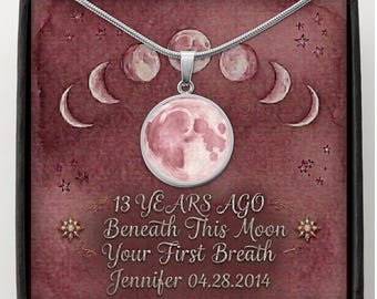 13th Birthday Gift for Her Custom Watercolor Moon Phase Necklace Celestial Jewelry