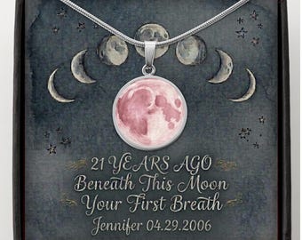 21st Birthday Gift for Her Custom Watercolor Moon Phase Necklace Celestial Jewelry