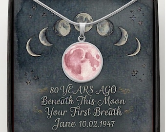 80th Birthday Gift for Her Custom Watercolor Moon Necklace Celestial Jewelry