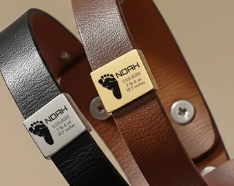 Custom Baby Footprint Bracelet for Dad | Engraved Birth Stats Jewelry Him | Personalized Men's Faux Leather Bracelet | Push Present Gift
