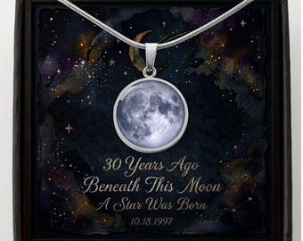 Custom Moon Phase Necklace 30th Birthday Gift for Her Celestial Jewelry Personalized Pendant Anniversary Keepsake
