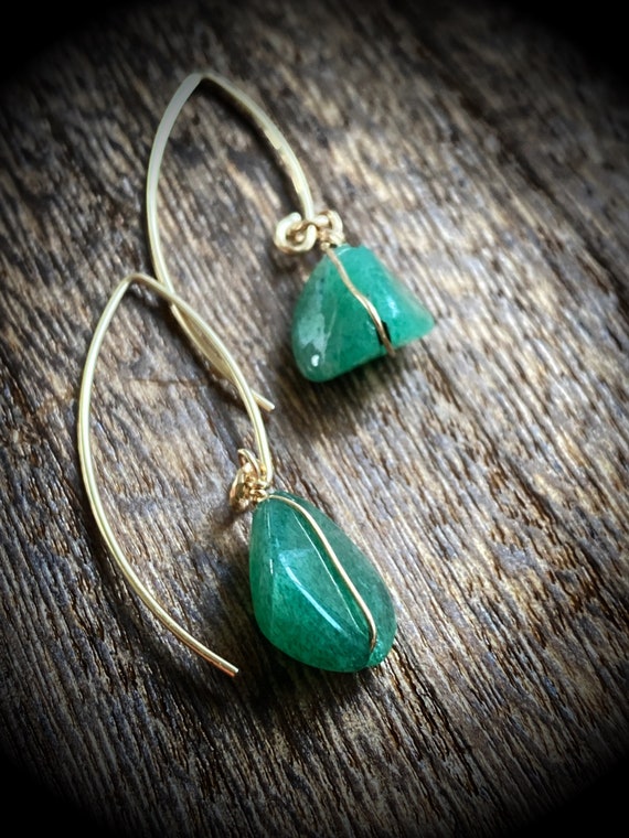14k yellow gold wire wrapped natural jade earrings