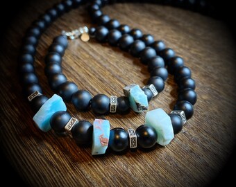 Larimar - The Set - Black Onyx, Sterling Silver, Natural Larimar Necklace and Bracelet Set.