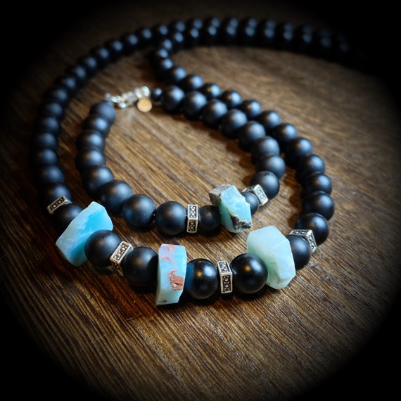 Larimar - The Set - Black Onyx, Sterling Silver, Natural Larimar Necklace and Bracelet Set.
