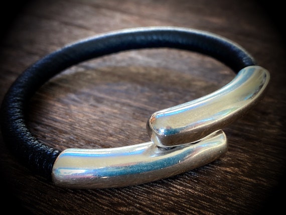 Leather and Sterling Silver Magnetic Cuff Bracelet