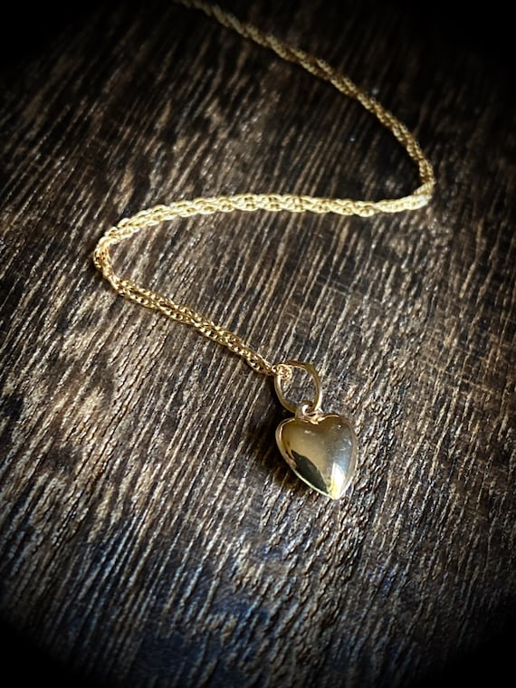 Tiny 14k solid Yellow Gold “Puff Heart” Necklace - 16”