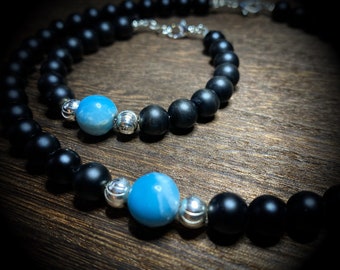 Akumal - The Set - Black Onyx, Sterling Silver, AAA Larimar Necklace and Bracelet Set.