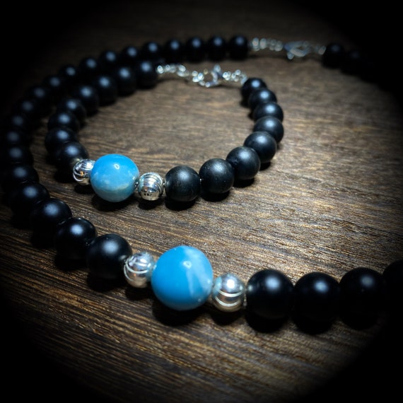 Akumal - The Set - Black Onyx, Sterling Silver, AAA Larimar Necklace and Bracelet Set.