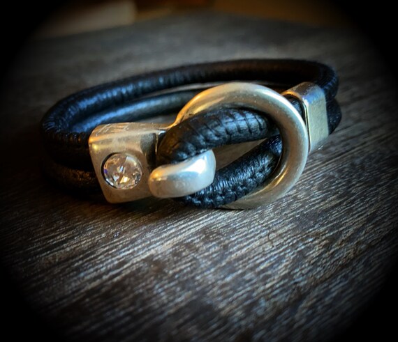 Soft stitched black leather and Zamak with Swarovski Crystal cuff