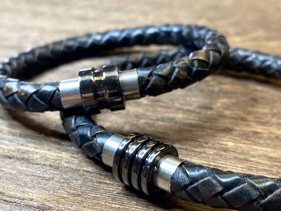 Unisex Leather & Magnetic Stainless Steel Cuffs