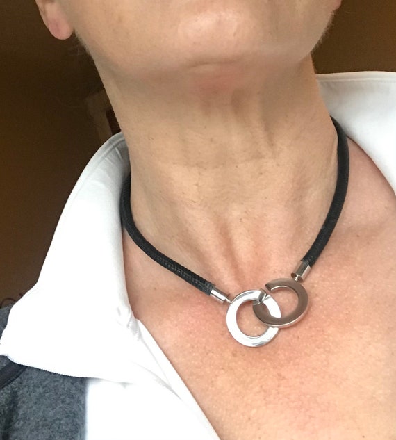 Black Stitched Leather & Stainless Circle Pendant Necklace