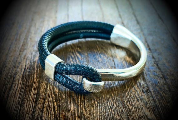 Stitched Leather & Silver Zamak Cuff Bracelet