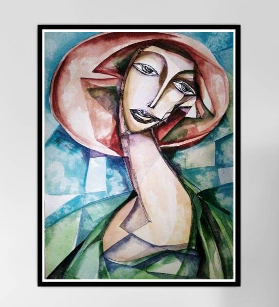 Dame mit Hut. Original. Modern. Aquarell. Kubistischer Stil. | Etsy