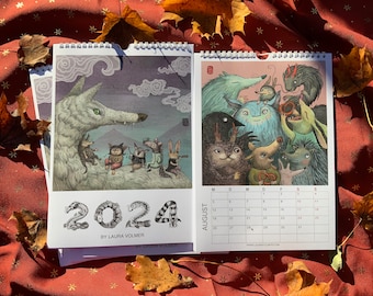 Wandkalender 2024, Kunst, Tierkalender, Kunstkalender A4, Kalender, Lustig, Critter, Geburtstag, Natur, Monatskalender, Art
