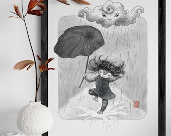 Mädchen im Regen, black and white, Kind, wildling, Poster, Print, Wanddekor, A3, Kunstdruck, Tierposter, Fantasie, Druck