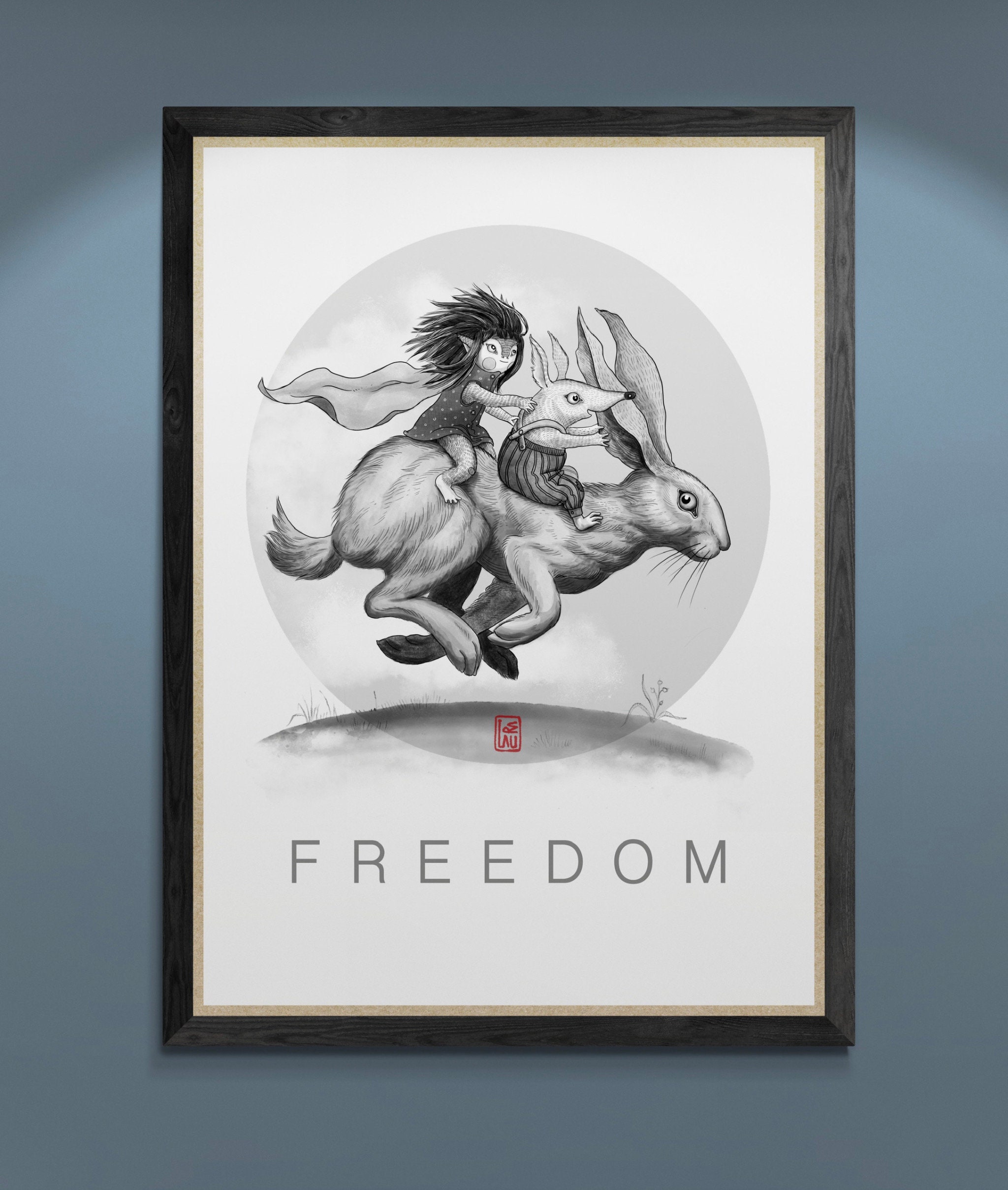 Freedom Rabbit, black and white, Poster, Print, Wanddekor, A3, Kunstdruck, Hase, Tierposter, Fantasie, Druck,