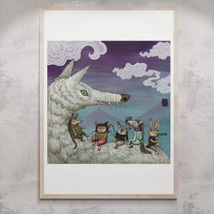 Koyote and Critters, Wolf , Animal, Poster, Print, Lustig,  Wanddekor, A3, Kunstdruck, Tierposter, Fantasie, Druck, Abenteuer, Manga