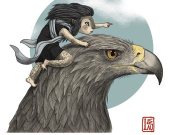 Adler und Wildling, Kind, Steinkopfadler, Poster, Stampa, Lustig, Wanddekor, A3, Kunstdruck, Tierposter, Fantasie, Druck, Abenteuer, Manga