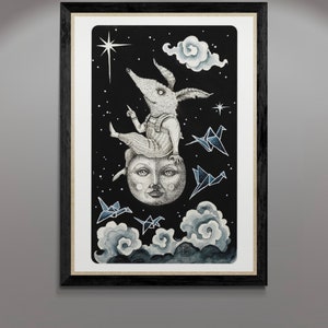 Maus auf dem Mond, Poster, Print, Lustig,  Wanddekor, A4, Kunstdruck, Tierposter, Fantasie, Druck, Abenteuer, Comic