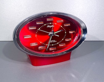 Space age 70s Rhythm alarm clock, red, vintage table clock, retro weker