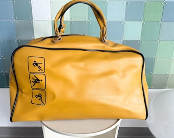 Bolsa esportiva vintage da década de 1970, amarela, pictogramas Trimm Dich