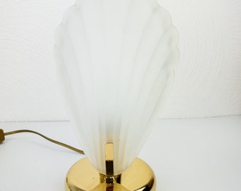 Vintage lamp, frosted glass clamshell lamp by AF Cinquanta Italy clam shell table lamp, brass, gold color, 90s.