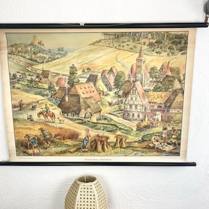 Mappa delle pareti scolastiche vintage, mappa del rotolo, poster della scuola della metà del secolo, Medioevo, vita contadina medievale, mappa delle pareti