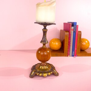 Candlestick metal with wooden ball antique syle, original 70s / 80s