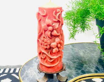 Handmade candle with relief, relief candle, flower motif candle, pillar candle, red, incl. metal candlestick, 60s