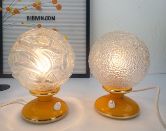 Mid century table lamp, 2x ball lamps, 70s design, yellow, retro