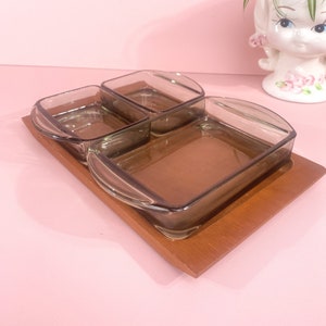Mid century serving bowl, snack bowl smoked glass teak wood in Danish design from the 60s