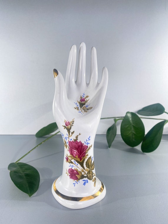 Vintage Ring Hand, Ring Holder Ceramic, White With Flowers 