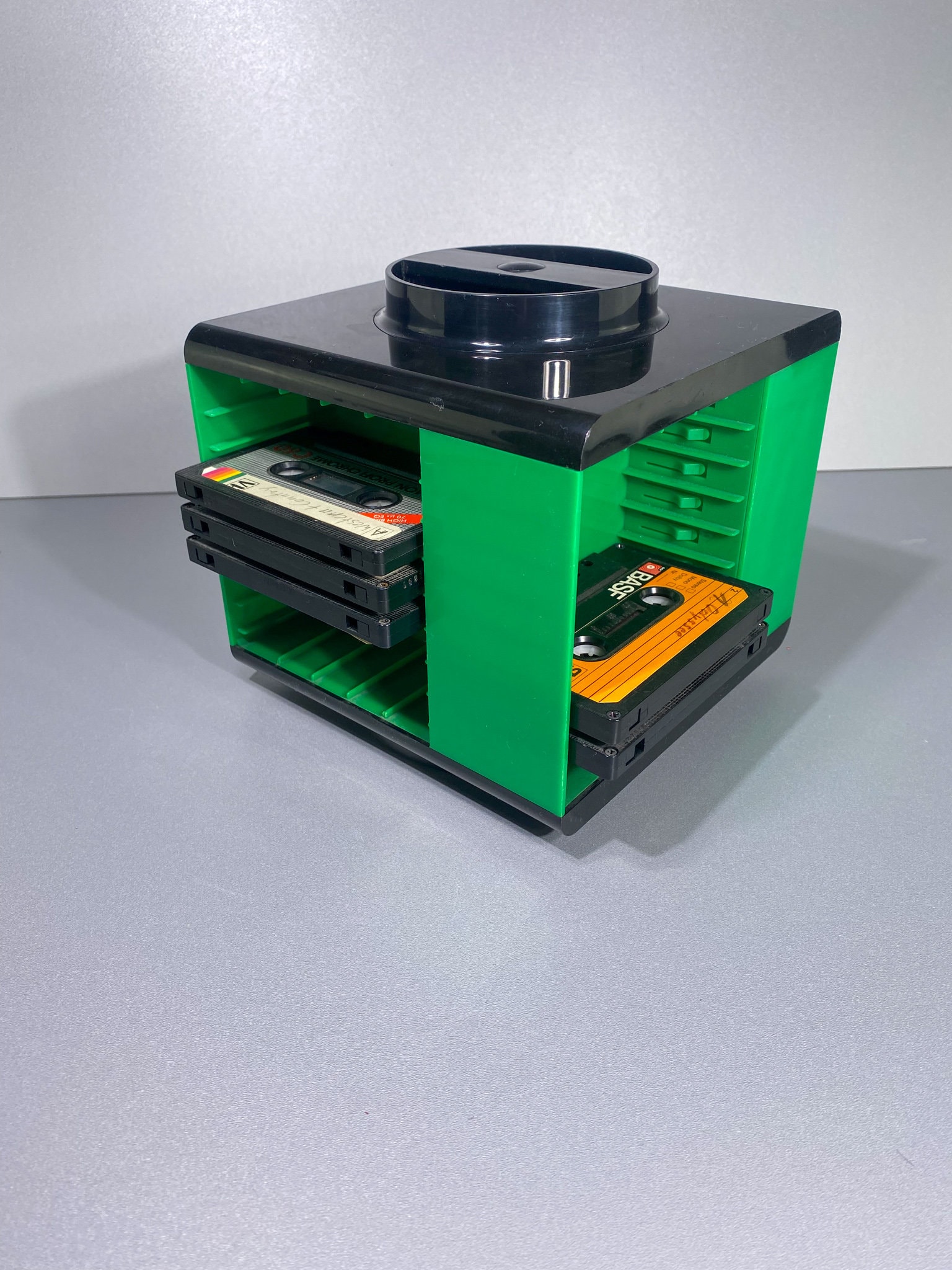 Cassette holder, cassette cube, audio cassette bar, 80s green, tape