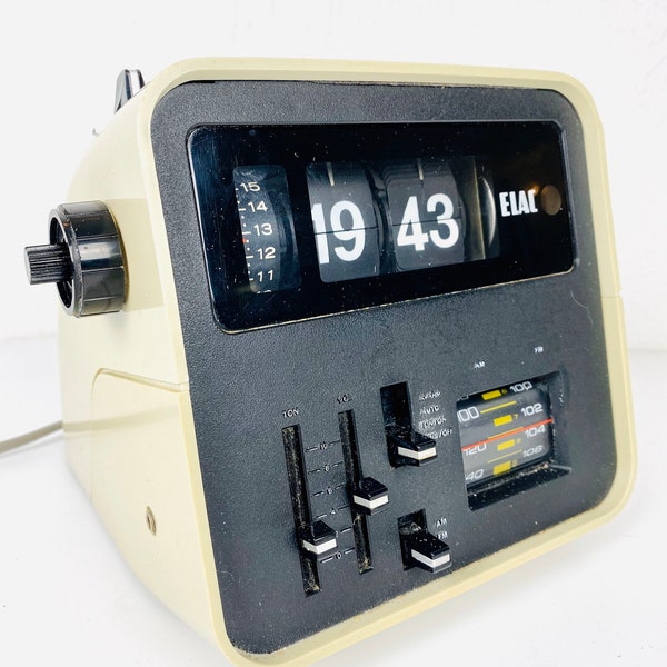 Flip Clock Elac RD 100 réveil à chiffres pliants en blanc design de l’ère spatiale des années 70, milieu du siècle