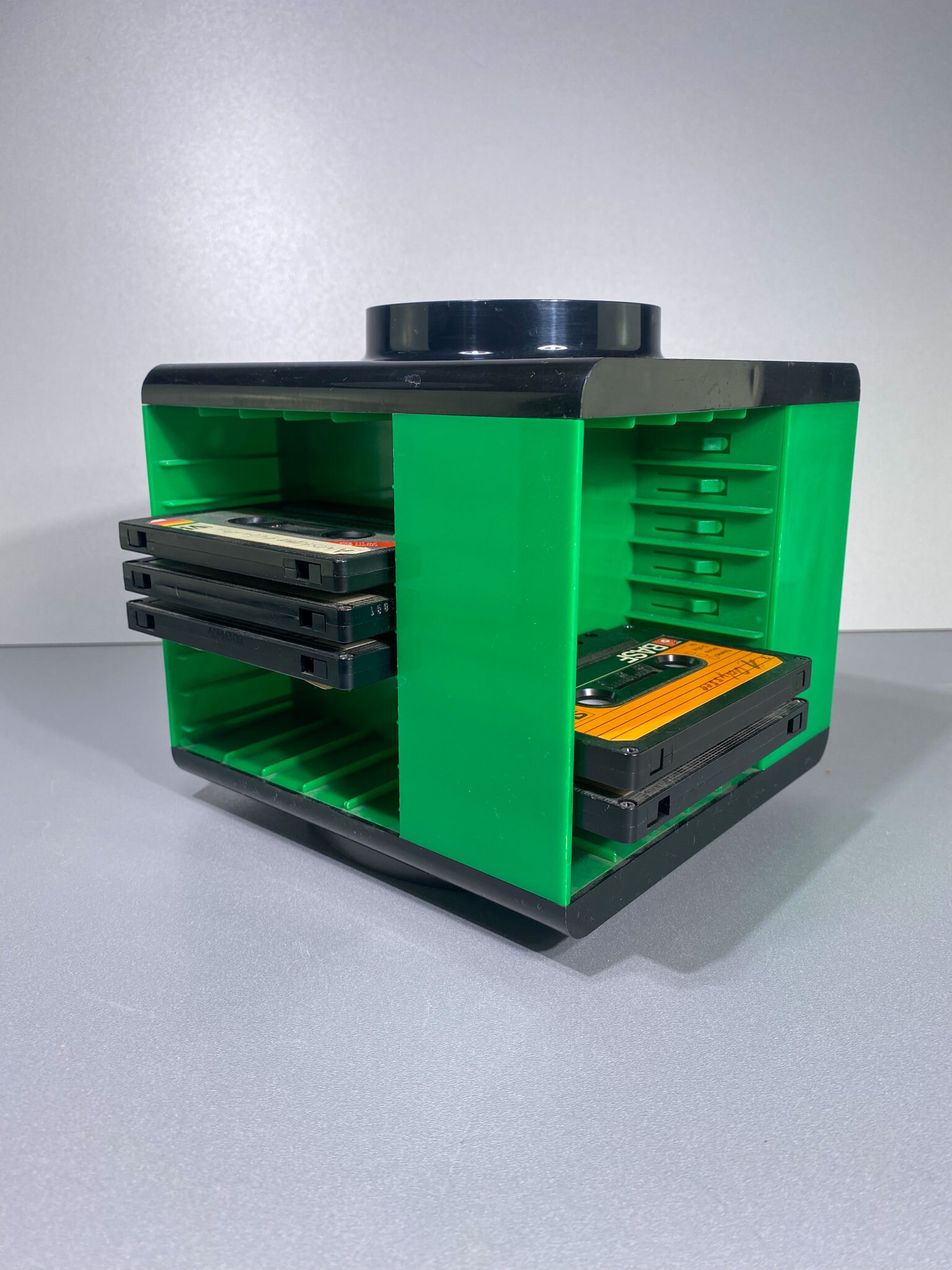 Cassette holder, cassette cube, audio cassette bar, 80s green, tape