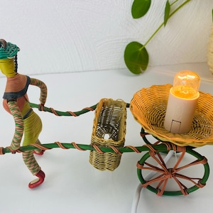 Mid century wicker rickaw table lamp, wire figurine, wicker man, string figure, 50s table lamp