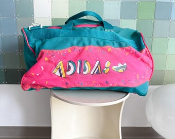 Bolsa esportiva vintage da Adidas, rosa turquesa, final dos anos 80, fabricada na República da Coreia