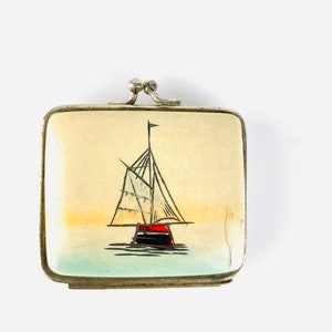 Antike mini Geldbörse, Portemonnaie, Marine SCHIFF,  Segler, Segelschiff, Mid century Geldbeutel.