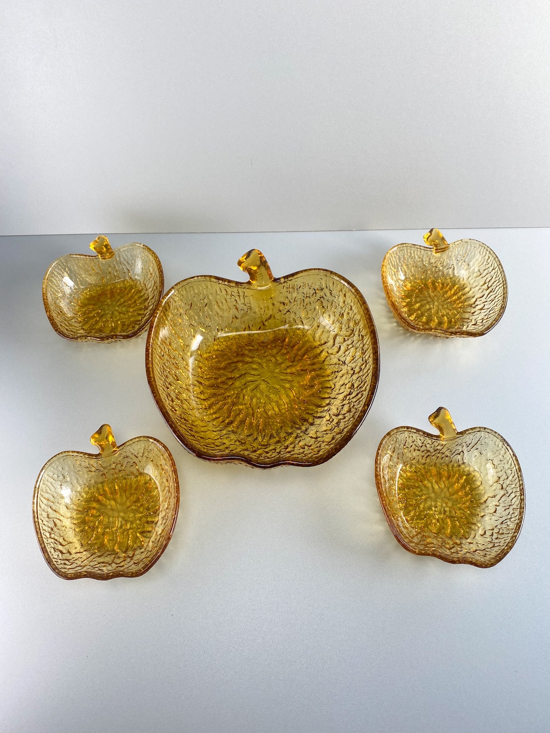 Apple Shape Glass Bowl Amber, Mid Century Apple Serving Bowl, 5piece Set, 70s Tableware Made in