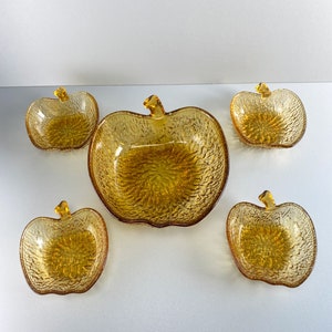 Apple shape glass bowl amber, mid century apple serving bowl, 5-piece set, 70s tableware made in Italy