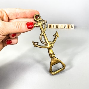 Maritime anchor bottle opener made of brass, original vintage