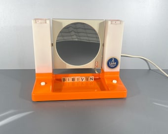 Table mirror make-up mirror with lighting, original 70s, orange, ABC