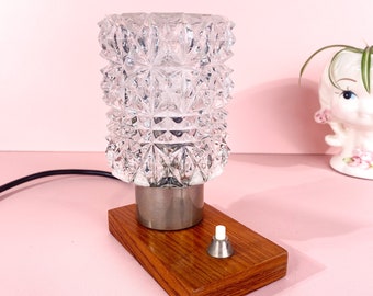 Mid Century Bedside Lamp, Ice Glass Shade, Wood Base (1960s-70s)
